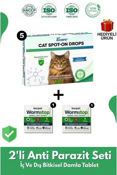 KorPet 2'li Set Kedi Iç Dış Anti Parazit Tüm Kediler Için Bitkisel 5 Damla Ve 2 Tablet Paketi ürün görseli 1