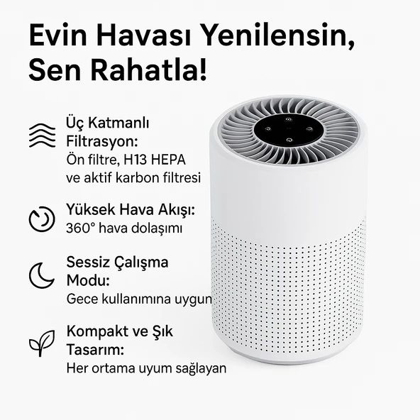 Üç Katmanlı H13 HEPA Filtreli Sessiz Çalışan Kompakt Hava Temizleyici Aktif Karbon Filtreli ürün görseli 1