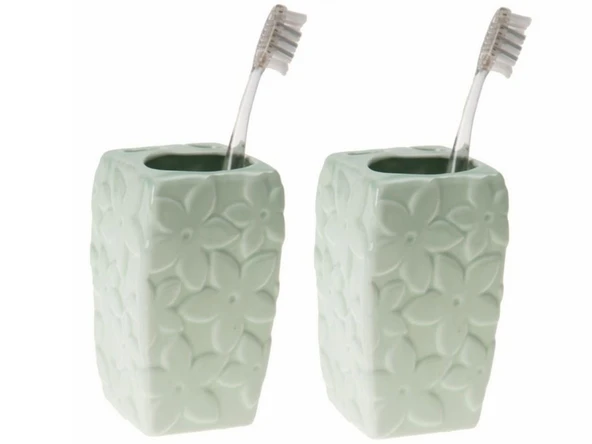 2 ADET SERAMİK DİŞ FIRÇALIK ÇİÇEKLİ SU YEŞİLİ 7X7X12CM  BANYO SETİ ürün görseli 1