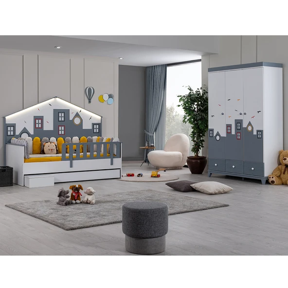 Montessori Çocuk Odası - City Montessori 3 Kapılı Dolap, Yavrulu Karyola - Gri ürün görseli 1