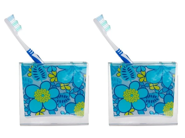 2 ADET DİŞ FIRÇALIK MAVİ ÇİÇEKLİ AKRİLİK 10X10X3CM BANYO SETİ ürün görseli 1