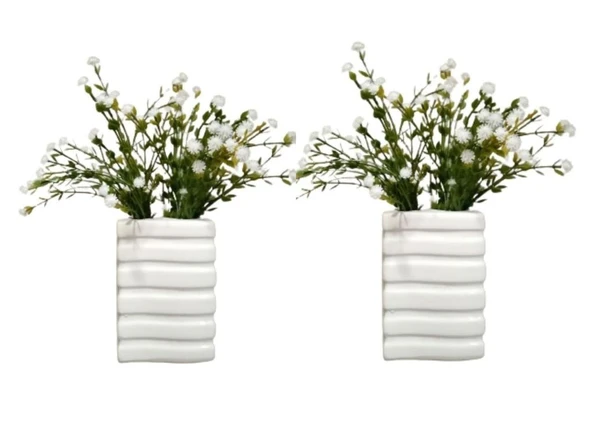 2 ADET VAZO DAHİL,VAZODA ÇİÇEK,BEYAZ YAPAY ÇİÇEK,VAZO DEKORATİF KARE ÇİZGİLİ 8X6X16CM ürün görseli 1
