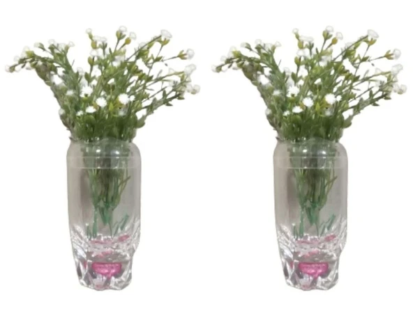 2 ADET VAZO DAHİL,VAZODA ÇİÇEK,BEYAZ YAPAY ÇİÇEK,VAZO DEKORATİF KRİSTAL DAMLALI 6X6X19CM ürün görseli 1
