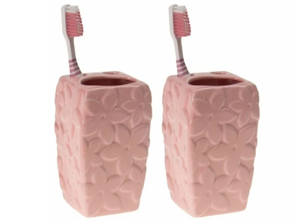 2 ADET SERAMİK DİŞ FIRÇALIK ÇİÇEKLİ PEMBE MODEL 7X7X12CM  BANYO SETİ ürün görseli 1