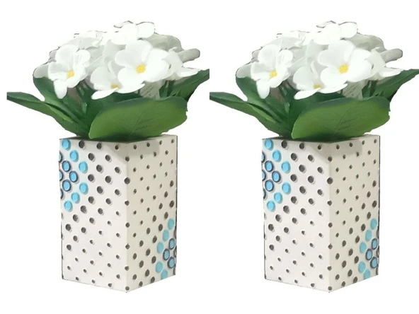 2 ADET VAZO DAHİL,VAZODA ÇİÇEK,BEYAZ YAPAY ÇİÇEK,VAZO DEKORATİF  PUANLI POLİRESİN 6X6X15CM ürün görseli 1