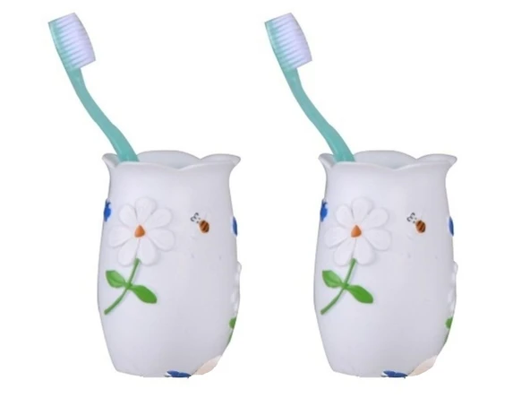 2 ADET DİŞ FIRÇALIK,MACUNLUK ÇİÇEKLİ POLİRESİN  7x7x10cm BANYO SETİ ürün görseli 1