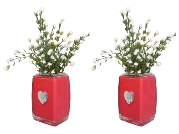 2 ADET VAZO DAHİL,VAZODA ÇİÇEK,BEYAZ YAPAY ÇİÇEK,VAZO DEKORATİF KRİSTAL TAŞLI KIRMIZI KALPLİ  6X6X16CM ürün görseli 1