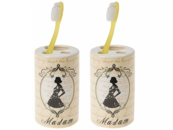 2 ADET SERAMİK DİŞ FIRÇALIK MADAM DESENLİ 7X7X11CM BANYO SETİ ürün görseli 1