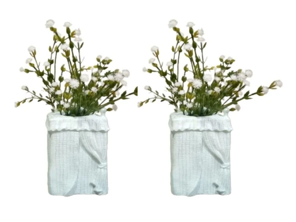 2 ADET VAZO DAHİL,VAZODA ÇİÇEK,BEYAZ YAPAY ÇİÇEK,VAZO DEKORATİF POLİRESİN 7X7X17CM ürün görseli 1