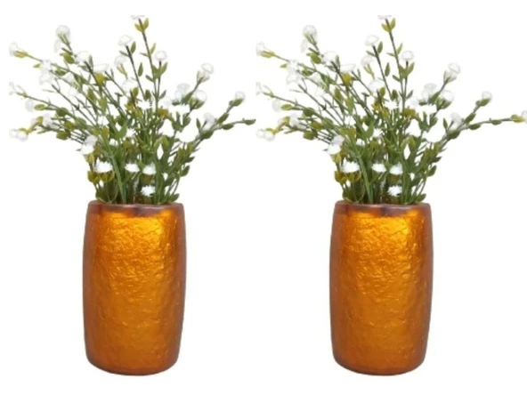 2 ADET VAZO DAHİL,VAZODA ÇİÇEK,BEYAZ YAPAY ÇİÇEK,VAZO DEKORATİF ALTIN RENKLİ POLİRESİN  5X5X12CM ürün görseli 1