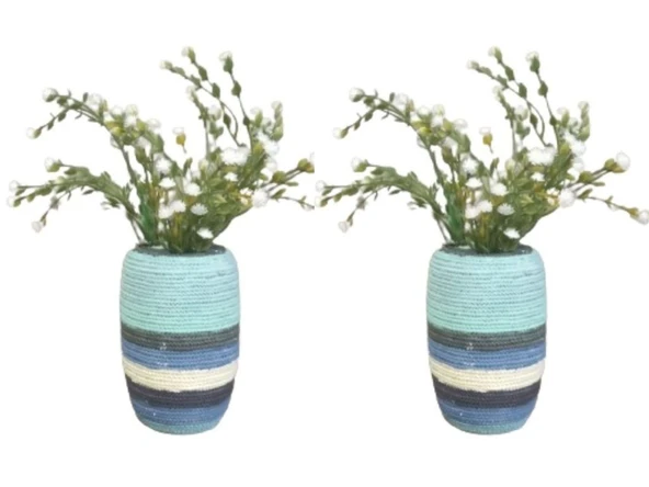 2 ADET VAZO DAHİL,VAZODA ÇİÇEK,BEYAZ YAPAY ÇİÇEK,VAZO DEKORATİF MAVİ ÖRGÜ POLİRESİN 7X7X16CM ürün görseli 1