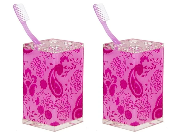 2 ADET DİŞ FIRÇALIK PEMBE ÇİÇEKLİ AKRİLİK 6X6X12CM BANYO SETİ ürün görseli 1