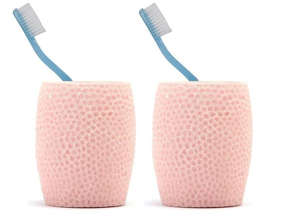 2 ADET DİŞ FIRÇALIK,MACUNLUK PEMBE PETEK DESENLİ POLİRESİN 8X8X10CM 400ML BANYO SETİ ürün görseli 1