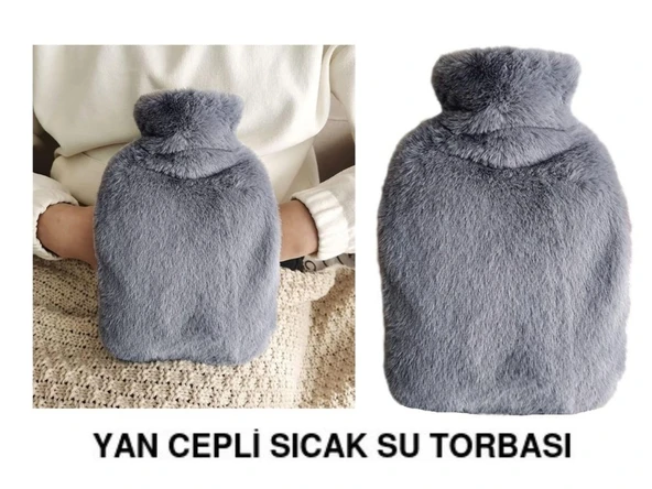 SICAK SU TORBASI YAN CEPLİ GRİ  PELUŞ TERMOFOR 27x17x2cm  1 LİTRE ürün görseli 1