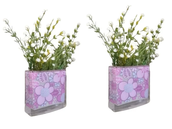 2 ADET VAZO DAHİL,VAZODA ÇİÇEK,BEYAZ YAPAY ÇİÇEK,VAZO DEKORATİF PEMBE ÇİÇEKLİ  10X15X3CM ürün görseli 1
