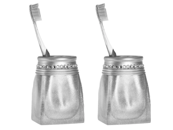 2 ADET DİŞ FIRÇALIK KRİSTAL TAŞLI GÜMÜŞ POLİRESİN 7X7X10CM BANYO SETİ ürün görseli 1