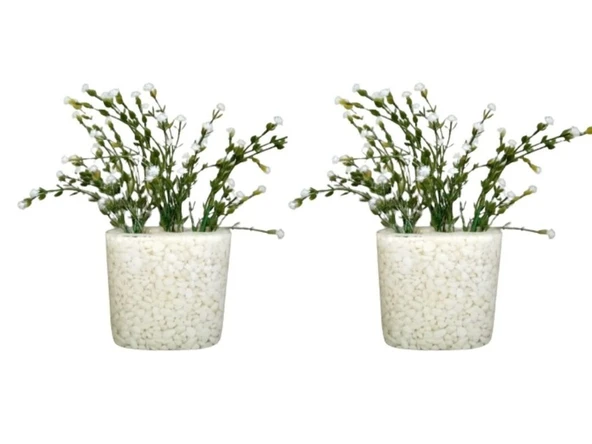 2 ADET VAZO DAHİL,VAZODA ÇİÇEK,BEYAZ YAPAY ÇİÇEK,VAZO DEKORATİF DENİZ TAŞI EL YAPIMI 10X5X14CM ürün görseli 1
