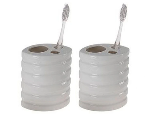 2 ADET SERAMİK DİŞ FIRÇALIK OVAL ÇİZGİLİ MODEL 9X6X11CM BANYO SETİ ürün görseli 1