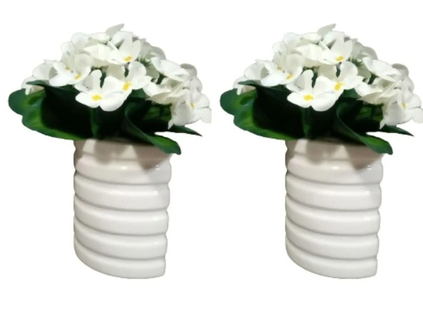 2 ADET VAZO DAHİL,VAZODA ÇİÇEK,BEYAZ YAPAY ÇİÇEK,VAZO DEKORATİF OVAL ÇİZGİLİ 9X6X16CM ürün görseli 1