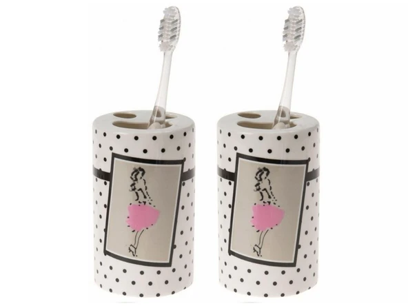 2 ADET SERAMİK DİŞ FIRÇALIK PEMBE ELBİSELİ KADIN MODEL 7X7X11CM BANYO SETİ ürün görseli 1