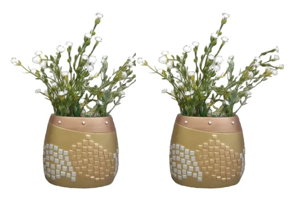 2 ADET VAZO DAHİL,VAZODA ÇİÇEK,BEYAZ YAPAY ÇİÇEK,VAZO DEKORATİF ALTIN MOZAİK POLİRESİN 10X15X5CM ürün görseli 1