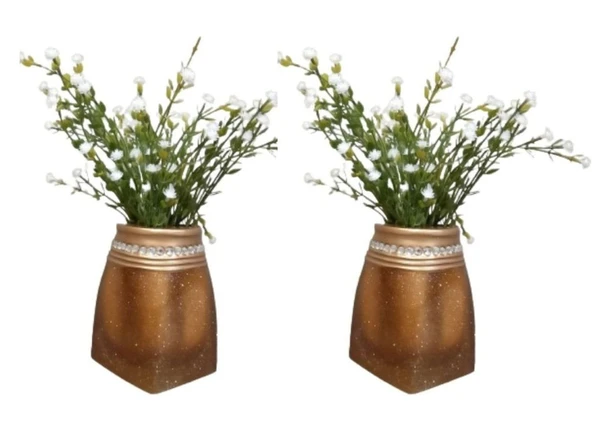2 ADET VAZO DAHİL,VAZODA ÇİÇEK,BEYAZ YAPAY ÇİÇEK,VAZO DEKORATİF TAŞLI ALTIN POLİRESİN 7x7x15cm ürün görseli 1