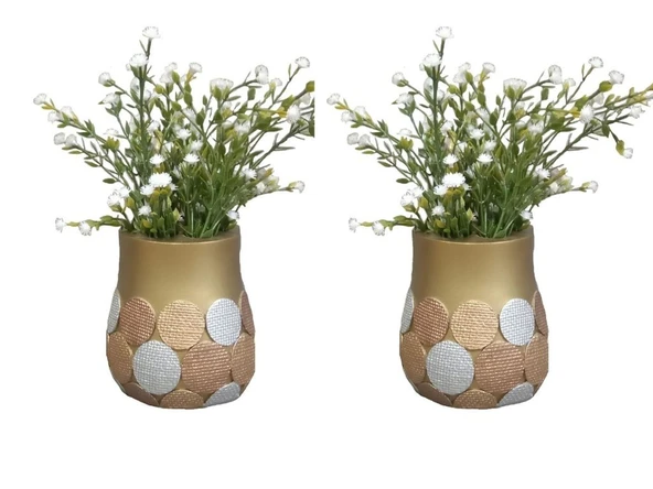 2 ADET VAZO DAHİL,VAZODA ÇİÇEK,BEYAZ YAPAY ÇİÇEK,VAZO DEKORATİF ALTIN PUANLI POLİRESİN 9X9X15CM ürün görseli 1
