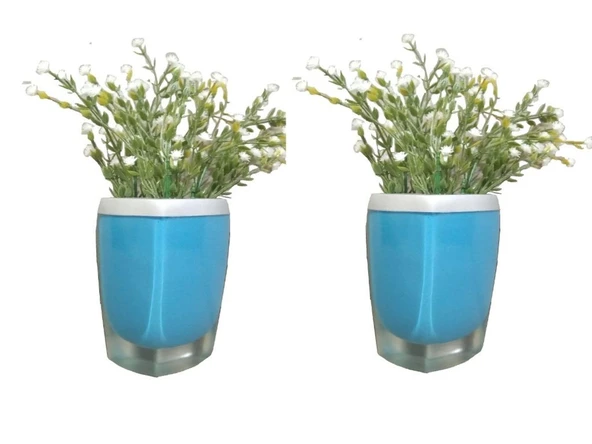 2 ADET VAZO DAHİL,VAZODA ÇİÇEK,BEYAZ YAPAY ÇİÇEK,VAZO DEKORATİF GRİ MAVİ POLİRESİN 8X4X16CM ürün görseli 1