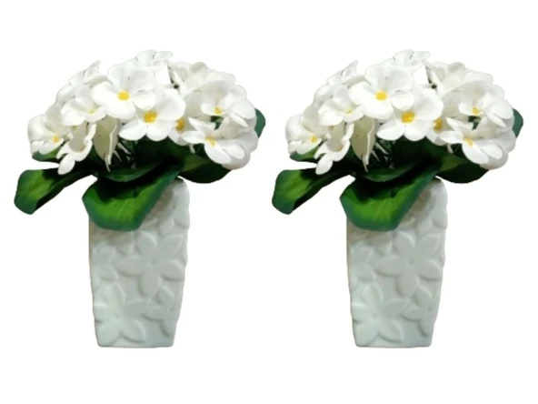 2 ADET VAZO DAHİL,VAZODA ÇİÇEK,BEYAZ YAPAY ÇİÇEK,VAZO DEKORATİF ÇİÇEKLİ SU YEŞİLİ 7X7X17CM ürün görseli 1