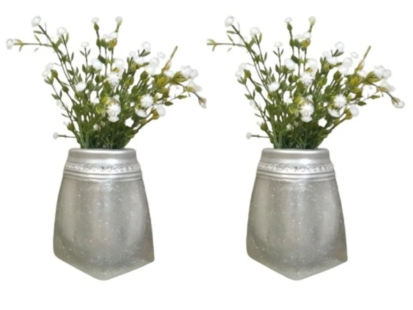 2 ADET VAZO DAHİL,VAZODA ÇİÇEK,BEYAZ YAPAY ÇİÇEK,VAZO DEKORATİF KRİSTAL TAŞLI GÜMÜŞ POLİRESİN 7X7X15CM ürün görseli 1