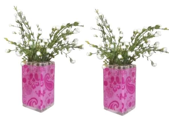 2 ADET VAZO DAHİL,VAZODA ÇİÇEK,BEYAZ YAPAY ÇİÇEK,VAZO DEKORATİF PEMBE 7X7X17CM ürün görseli 1