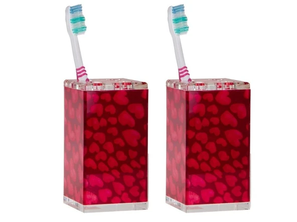 2 ADET DİŞ FIRÇALIK KALPLİ AKRİLİK 6X6X12CM BANYO SETİ ürün görseli 1