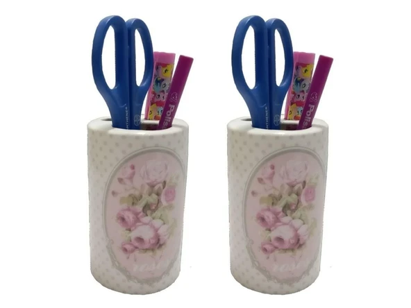 2 ADET KALEMLİK BAHAR DESENLİ SERAMİK OFİS GERECİ  7X7X11CM ürün görseli 1