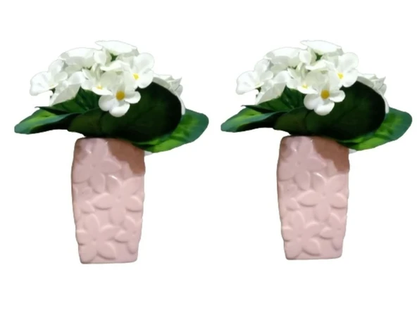 2 ADET VAZO DAHİL,VAZODA ÇİÇEK,BEYAZ YAPAY ÇİÇEK,VAZO DEKORATİF ÇİÇEKLİ PEMBE 7X7X17CM ürün görseli 1