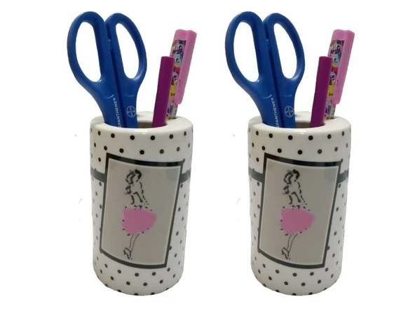 2 ADET KALEMLİK PEMBE ELBİSELİ KADIN MODEL SERAMİK OFİS GERECİ  7X7X11CM ürün görseli 1