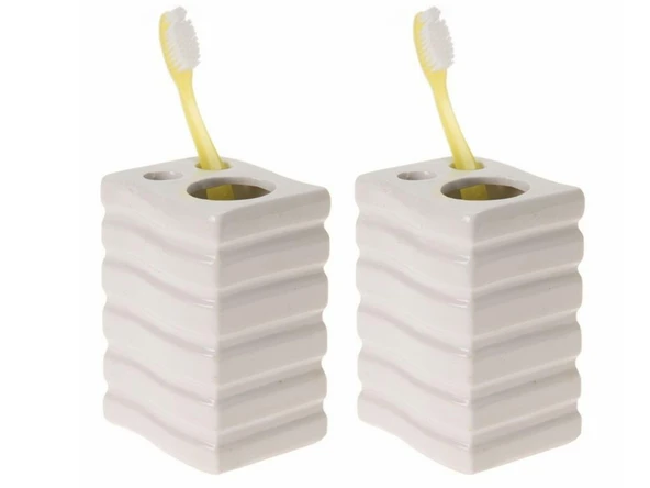 2 ADET SERAMİK DİŞ FIRÇALIK KARE ÇİZGİLİ MODEL 8X6X11CM BANYO SETİ ürün görseli 1