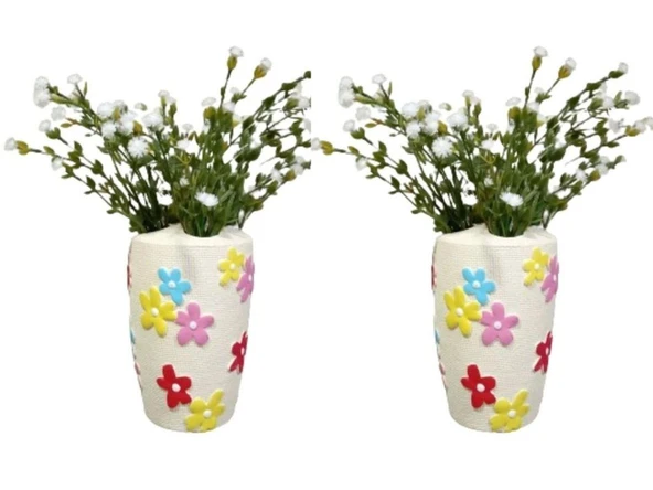 2 ADET VAZO DAHİL,VAZODA ÇİÇEK,BEYAZ YAPAY ÇİÇEK,VAZO DEKORATİF RENKLİ PAPATYALI POLİRESİN 5X5X16CM ürün görseli 1