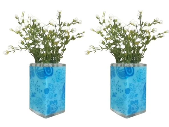 2 ADET VAZO DAHİL,VAZODA ÇİÇEK,BEYAZ YAPAY ÇİÇEK,VAZO DEKORATİF MAVİ  7X7X17CM ürün görseli 1