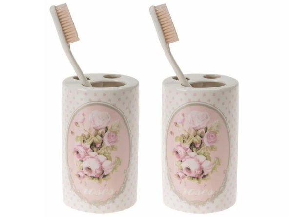 2 ADET SERAMİK DİŞ FIRÇALIK BAHAR DESENLİ 7X7X11CM BANYO SETİ ürün görseli 1