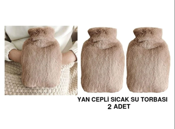 2 ADET SICAK SU TORBASI YAN CEPLİ BEJ  PELUŞ TERMOFOR 27x17x2cm  1 LİTRE ürün görseli 1