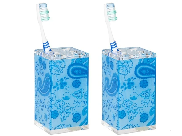 2 ADET DİŞ FIRÇALIK MAVİ ÇİÇEKLİ AKRİLİK 6X6X12CM BANYO SETİ ürün görseli 1