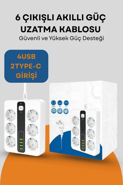 Yussraw Pro P11 6x Priz 3000W Termal Akım Korumalı 4x USB 2x Type-C Girişli Çoklu Priz ürün görseli 1