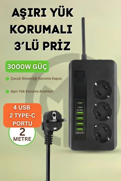 Yussraw Pro P10 3x Priz 3000W Akım Korumalı 4x USB 2x Type-C Girişli Çoklu Priz ürün görseli 1