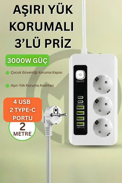Yussraw Pro P10 3x Priz 3000W Akım Korumalı 4x USB 2x Type-C Girişli Çoklu Priz ürün görseli 1