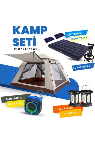 Yussraw 2-4 kişi kamp çadırı seti taşınabilir otomatik 210*210*140+lamba+yatak+yastık+pompa+hoparlör ürün görseli 1