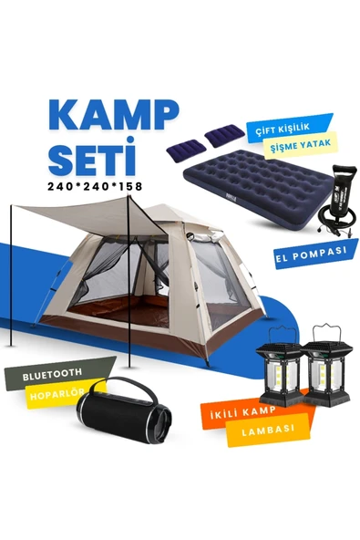 Yussraw 4-6 kişi kamp çadırı seti taşınabilir otomatik 240*240*155+lamba+yatak+yastık+pompa+hoparlör ürün görseli 1