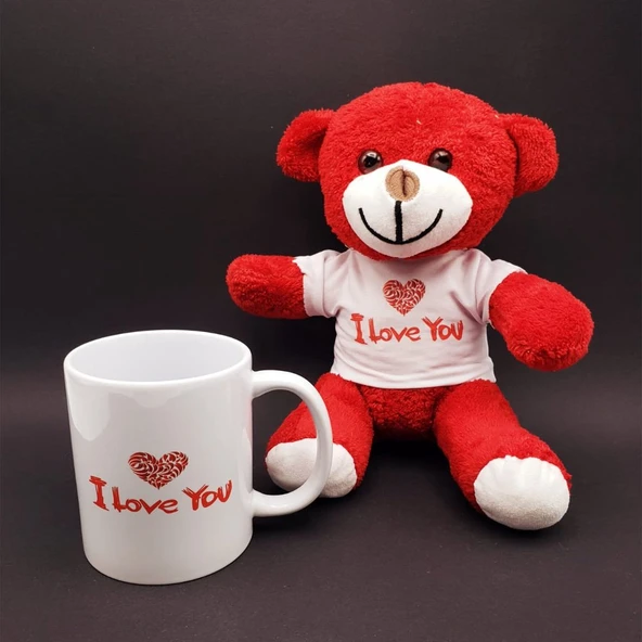 I Love You Baskılı Kupa ve Kırmızı Ayıcık Seti ürün görseli 1
