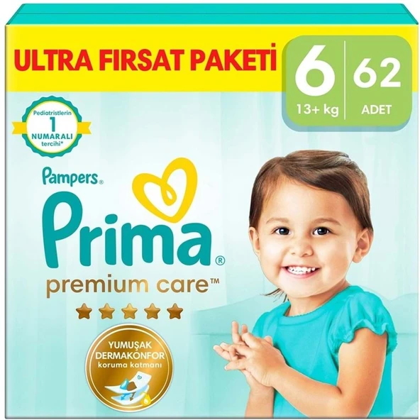 Prima Premium Care Bebek Bezi 6 Beden 13+ Extra Large 62 Adet Ultra Fırsat Pk ürün görseli 1
