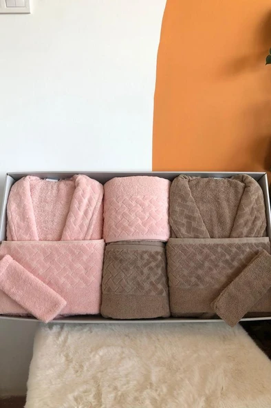 Şazeli 8 Parça Aile Bornoz Takımı Kahve Pudra ürün görseli 1