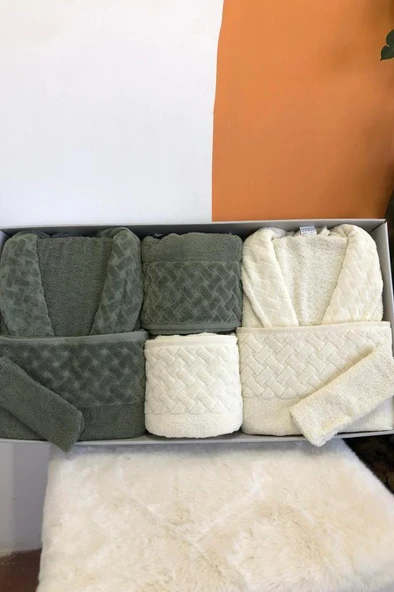 Şazeli 8 Parça Aile Bornoz Takımı Krem Haki ürün görseli 1
